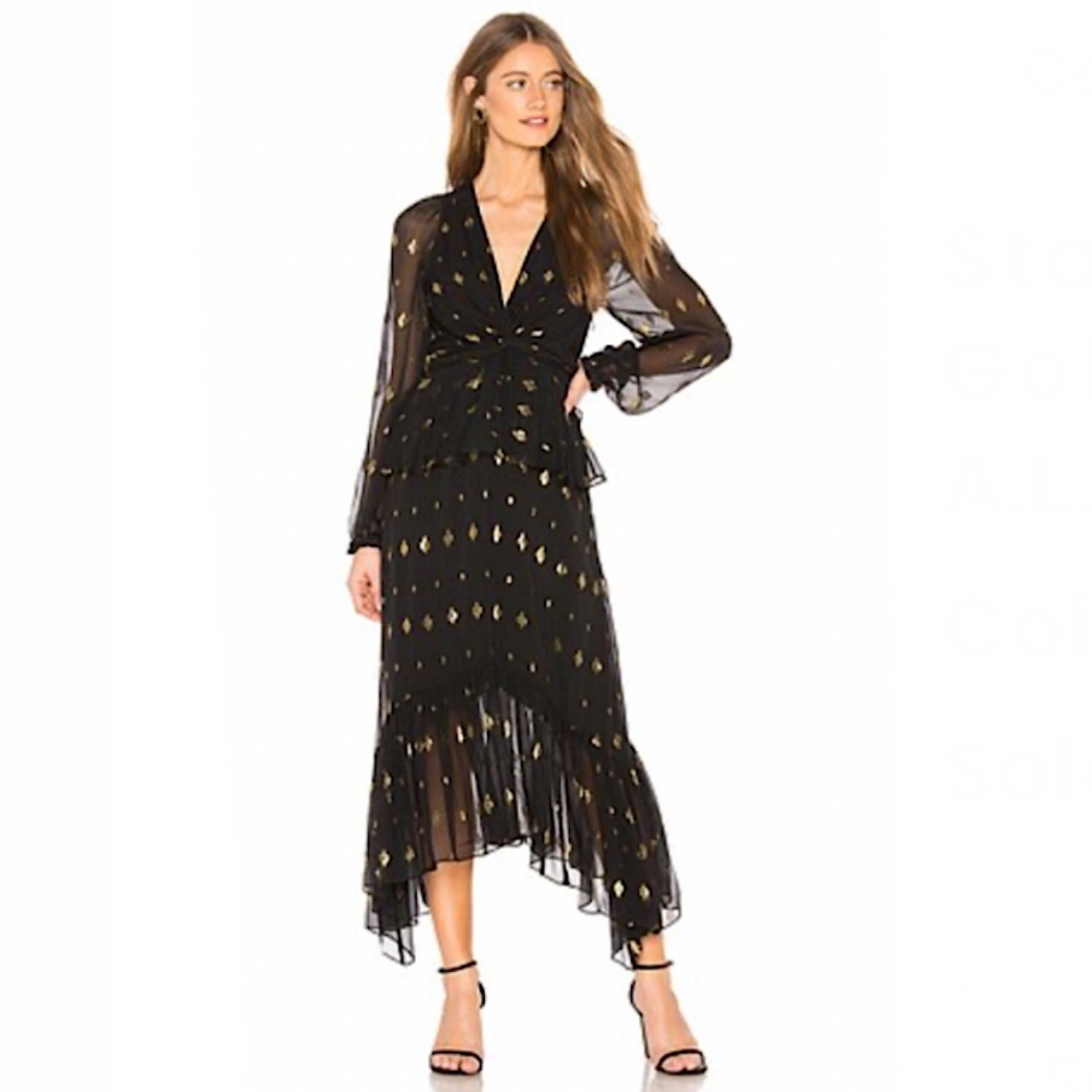 A.L.C. Stanwyck Dress Ruffle Sheer Long Sleeve Silk Midi Gold Metallic Black 6